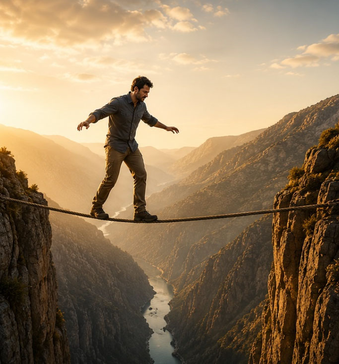 Man balancing on a rope over a gorge
