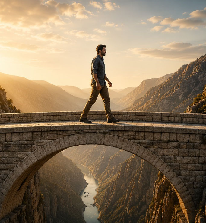 Man walking safely across a stone bridge