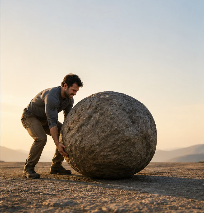 A man trying to move a large stone using sheer force