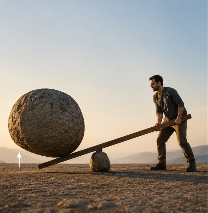 A man moving a large stone using a lever