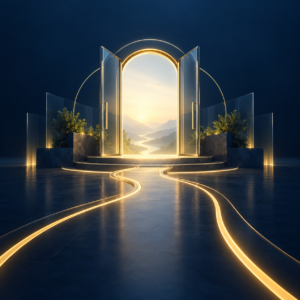 Gold pathway leading through a glass learning gateway