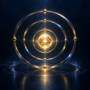 Three concentric gold orbits around a luminous center