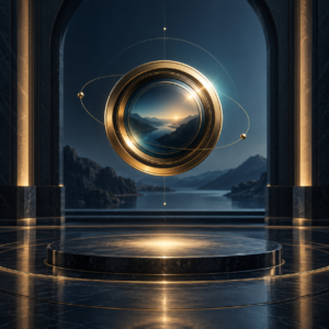Golden lens opening onto a distant landscape