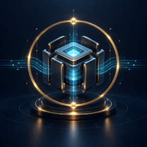 Gold ring framing a blue geometric digital core