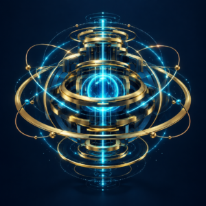 Layered gold and blue pathways around a digital core