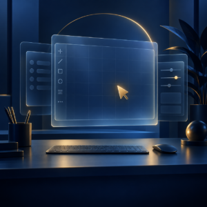 Gold pointer above translucent digital workspace panels